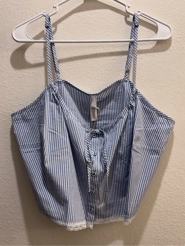 SKIMS NWT Crop Poplin Sleep Camisole In‎ Cadet Stripe Blue Size XL MSRP $44 - Image 5