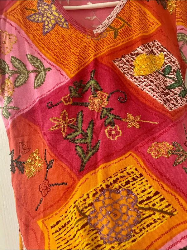 Jasmine Pink & Orange Floral Patchwork V-Neck Tee - Image 3
