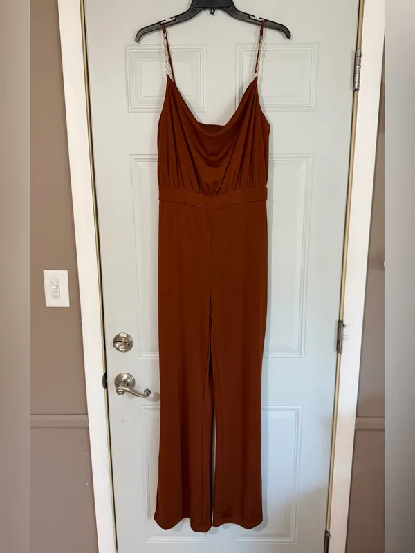 Jason Wu Emmett Cowl Neck Jumpsuit Wide Leg Retro Disco Jewel Strap Large Boho - Image 2