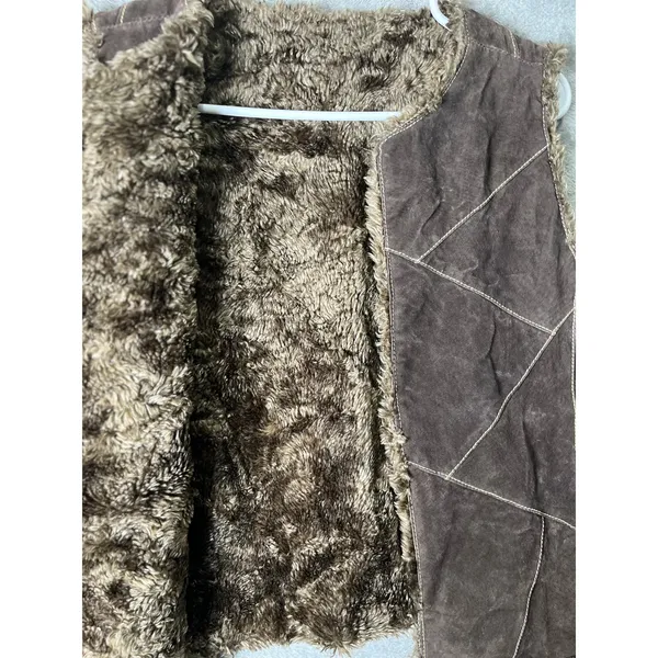 Vintage Y2K Brown Leather PatchWork Moto‎ Vest Grunge Boho Cozy Layered Jacket M - Image 2