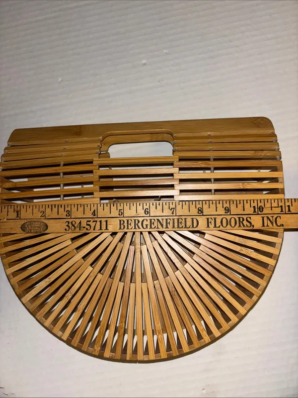 Tan Bamboo Structured Slat Handbag Fan Shaped Semi Circular Design Top Handles - Image 8