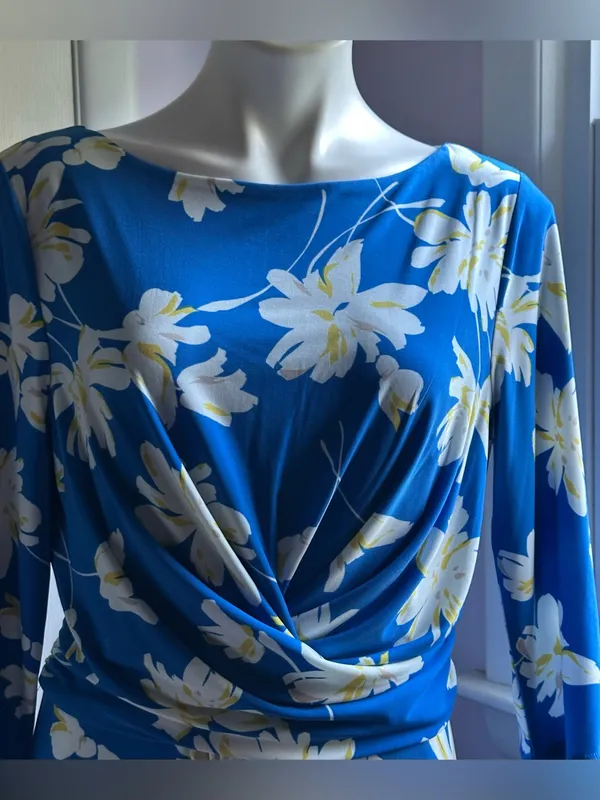 TOMMY HILFIGER Blue & White Floral Draped Midi 3/4th Sleeves Dress Sz 12 - Image 4