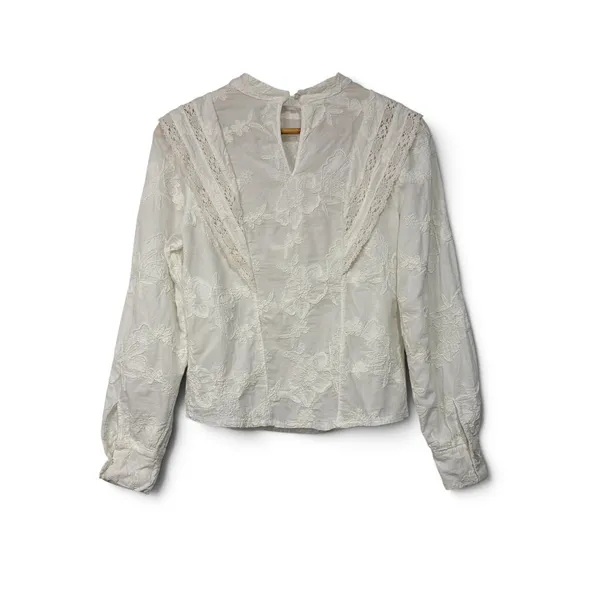 Ultra Pink White Embroidered Lace Victorian Mock Neck Cotton Blouse Top Medium - Image 2