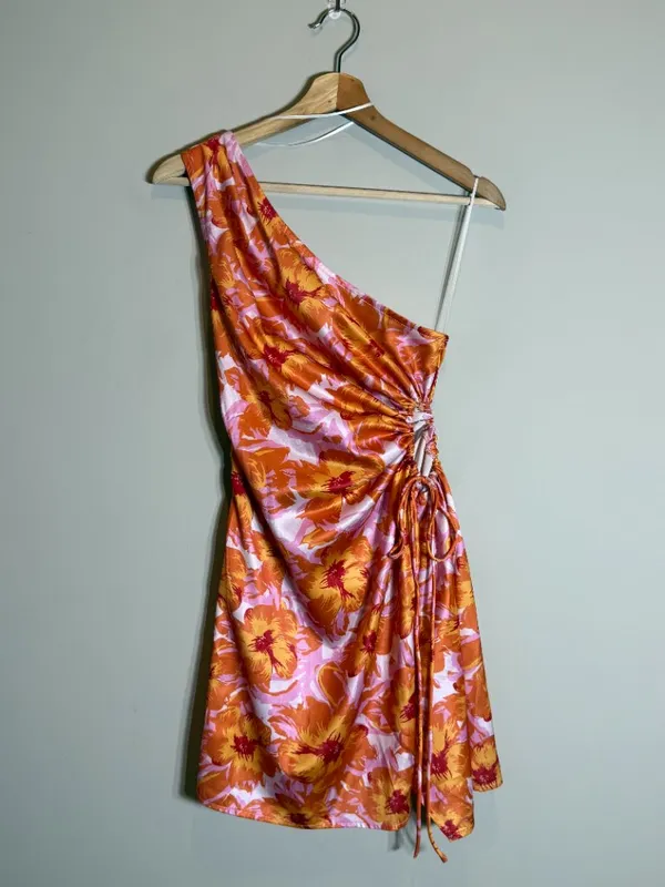 Hello Molly Loving That Girl Mini Dress Women's Small Orange Floral One Shoulder - Image 6