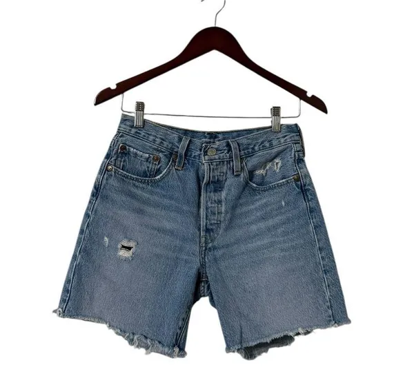 LEVI’S Mid Thigh Distressed Denim High Waisted Blue Jean Shorts - Image 4
