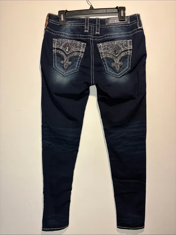 Rock Revival Oliana Mid-Rise Skinny Jeans Bling Pockets Intentional Fading SZ 30 - Image 3