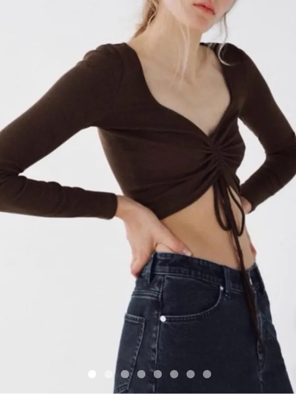 ZARA Brown Ruched Front Long-Sleeve Crop Top - Image 2
