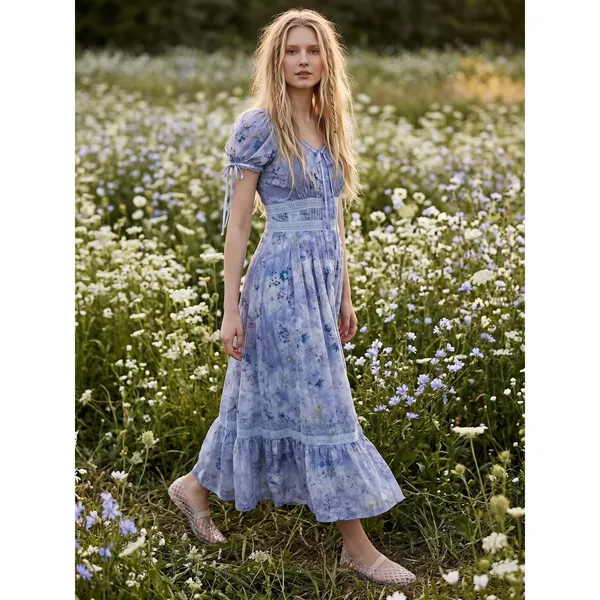 Anthropologie Dainty Ethereal Cottage Midi Maxi Dress Periwinkle Blue XL - Image 12