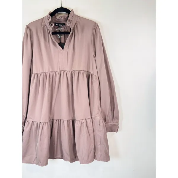 NWT En Saison Women Dress Brown Tiered Babydoll Mini V Neck Ruffle A Line Medium - Image 5