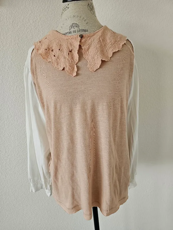 Free People NWT "I'm The One" Mixed Media Top XS Blush Pink Lace Collar​ - Image 3