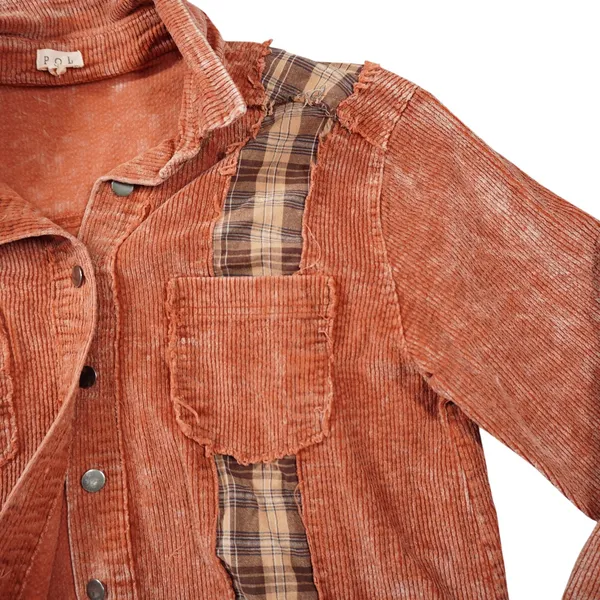 POL Large Corduroy Plaid Mixed Media Shacket Rust Orange Distressed Boho Country - Image 4
