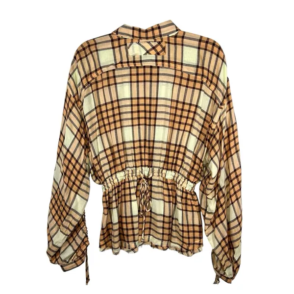 Free People‎ Peach Pacific Dawn Plaid Pull String Sleeve Snap Button Shirt M - Image 5