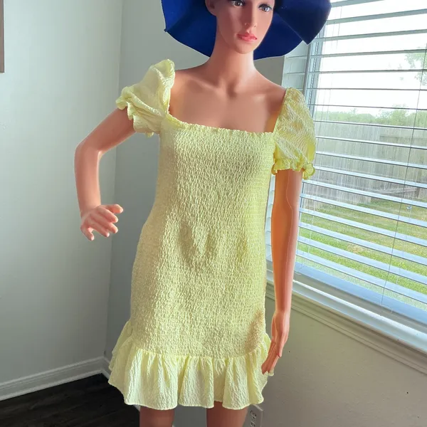 ZARA Yellow Smocked Mini Dress Puff Sleeve Ruffle Hem L - Image 3