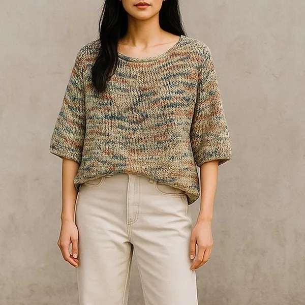 Zara Chunky Knit Relaxed Sweater 3/4 Sleeve Scoop Back S Multicolorfull Cream - Image 11