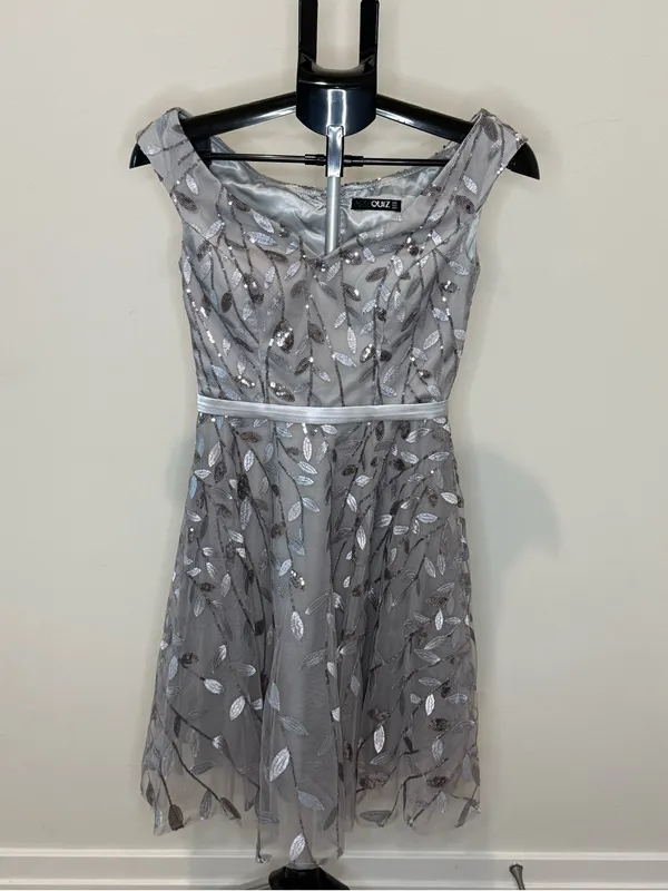 Quiz Silver Gray Sequin Embroidered Fit & Flare Dress Formal Homecoming Party - Image 2