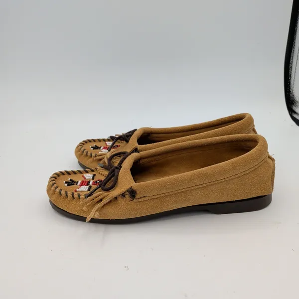 Minnetonka Thunderbird II Suede Moccasins Tan‎ Beaded Fringe Womens 6 177 - Image 2