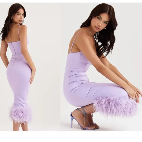 House of CB ‘Helena’ Orchid Satin Midi Dress with Feathered Trim NWOT size S - Image 2