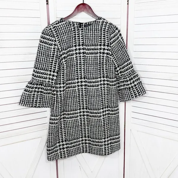 Zara Houndstooth Check Bell Cuff Shift Mini Dress Black Cream Medium‎ - Image 9