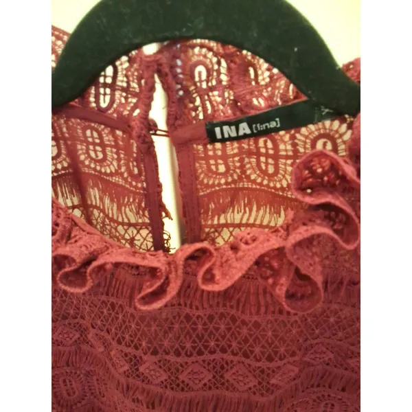 INA Sheer Lace Victorian Ruffle Mock Neck Blouse Top XS Women Maroon - Image 4