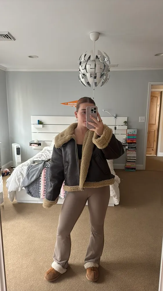 Brown and black faux leather aviator oversized jacket - Image 3