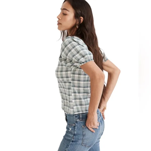 Madewell Plaid Puff Sleeve Ruched Bodice Green White Milkmaid Top Xs - Image 2