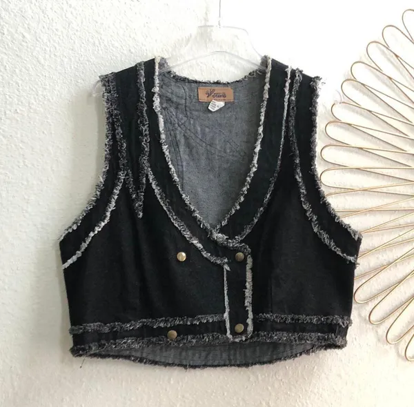 RARE Y2K Gothic Grunge Punk Rock Black Grey Sleeveless Denim Jean Vest Jacket Shirt Top Frayed Distressed Hem V-Neck Fitted Cropped 100% Cotton Size L - Image 6