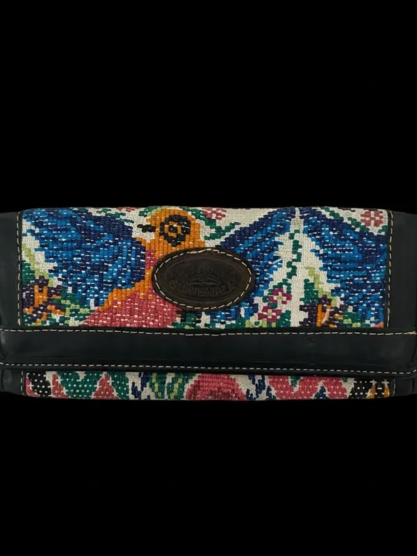 Embroidered Multicolor Bird Continental Wallet with Black Leather Trim - Image 7