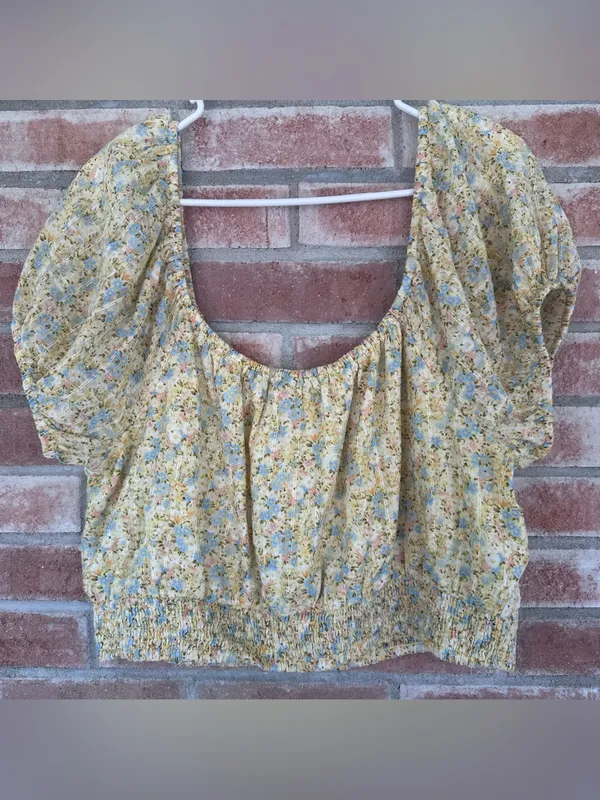 American Eagle Cropped Top Shirt Women’s XL Yellow Floral Cotton Cottagecore - Image 7