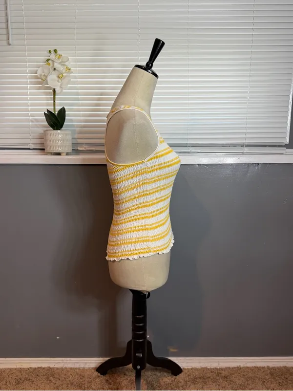 SO Yellow White Smocked Tank Top Size Small 100% Cotton Summer Beach - Image 4