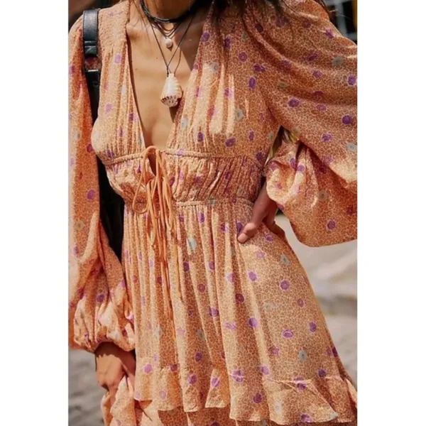 Free People Bohemian Gypsy Tiered Ruffle Maxi Dress Size Large Plunge Billowy - Image 5