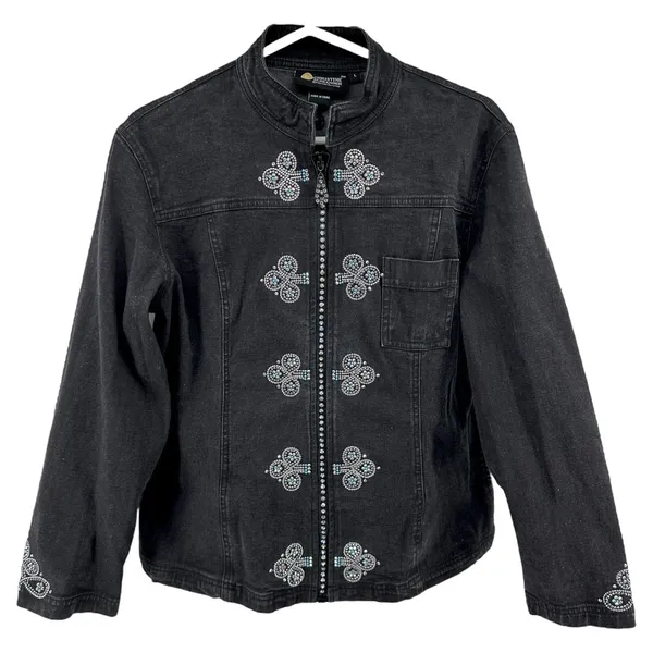 Vintage Christine Alexander Jean Jacket Swarovski Crystals Full Zip Black Large - Image 2