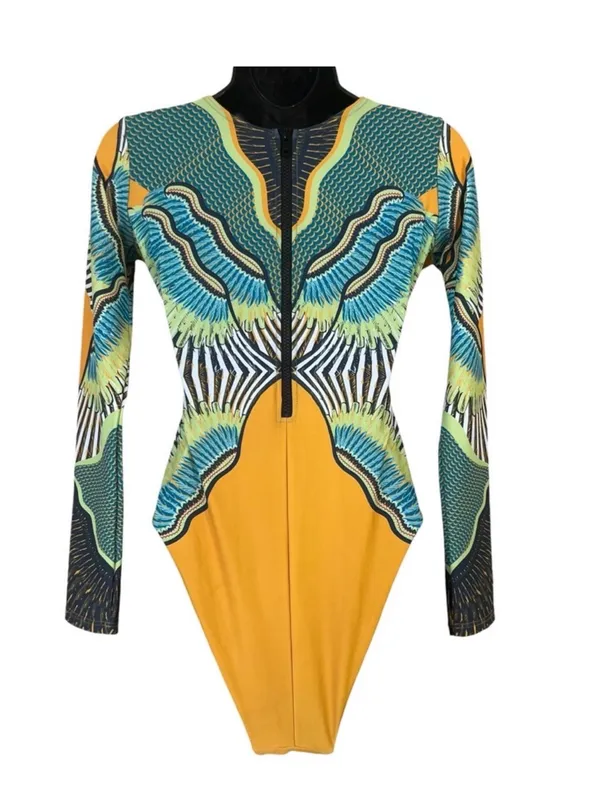 Long-Sleeve Abstract Print Women’s Swimsuit in Teal & Mustard - Image 2
