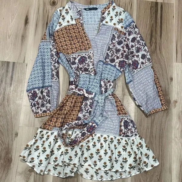 Zara Patchwork Belted Shirt Dress Women’s XS - Image 2