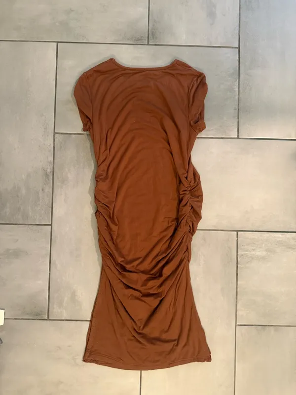 Quince Tensel Ruched Side Slit Short Sleeve T-shirt Midi Dress in Brown - Image 3