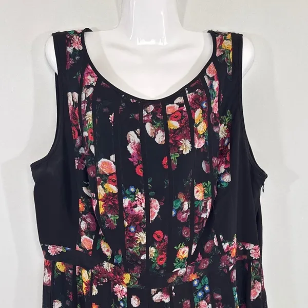 Adrianna Papell Black Floral Pleated Sleeveless Midi Dress Wedding Guest Size 14 - Image 3