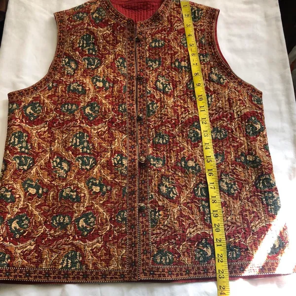90s Retro Vintage red orange green brown paisley quilted vest sleeveless jacket tunic mock neck Size L, measurement in pics #boho #whimsygoth - Image 5