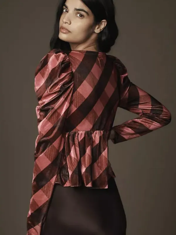 Anthropologie Maeve plaid velvet babydoll top puff sleeves size medium boho - Image 2