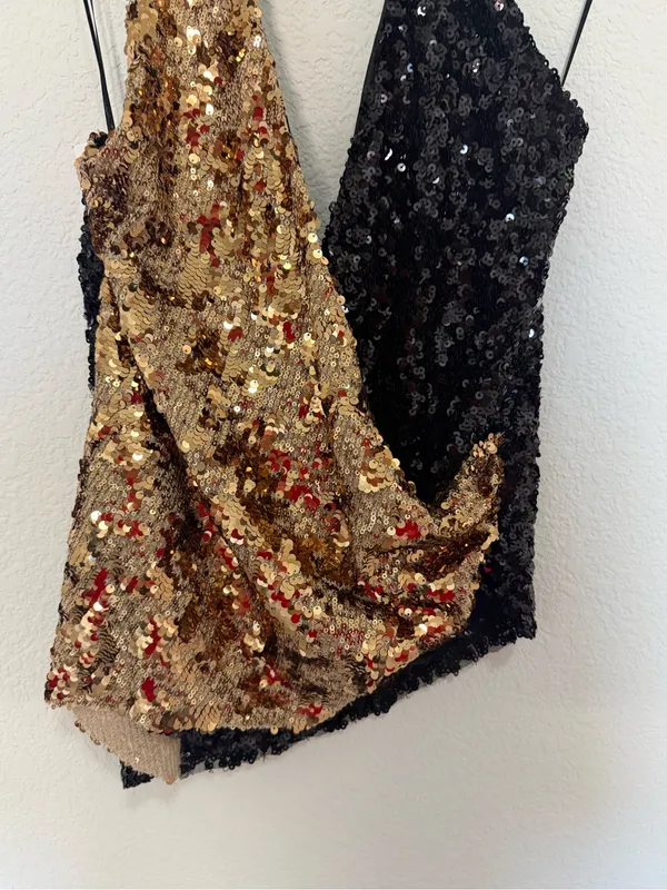 ZARA Gold and Black Sequin Halter Top Size Small Glam Festival Metallic - Image 7