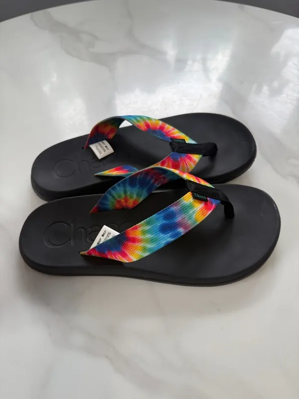 Chacos chillos Black Flip Flops with Rainbow Tie-Dye Straps - Image 2