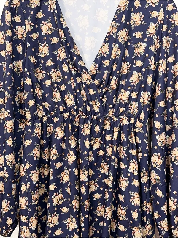 Miss Sparkling Navy Floral Surplice V Neck Elastic Waist Midi Dress NWOT - Image 3