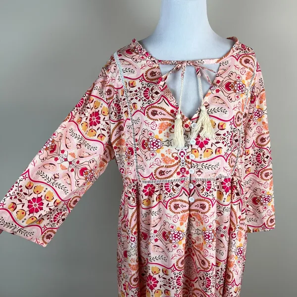 Sheilay Midi Dress Womens Large Pink Floral Tassel 3/4 Sleeve V-Neck‎ Summer NEW - Image 12