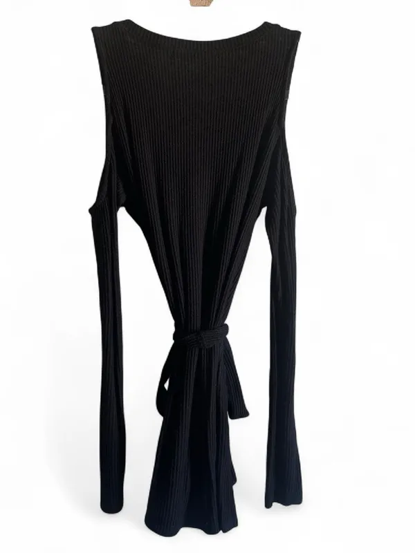 JustFab Black Ribbed Cold-Shoulder V-Neck Tie-Front Top - Image 3