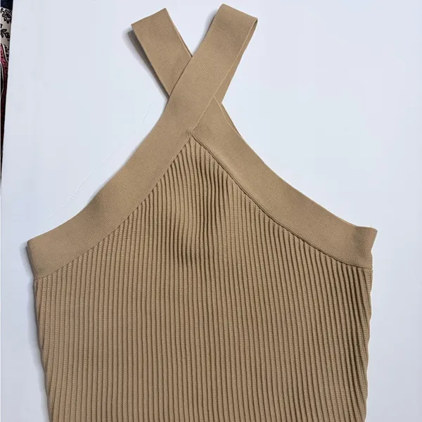 Tan Ribbed One Shoulder Halter Crop Top Sz S a35 - Image 6