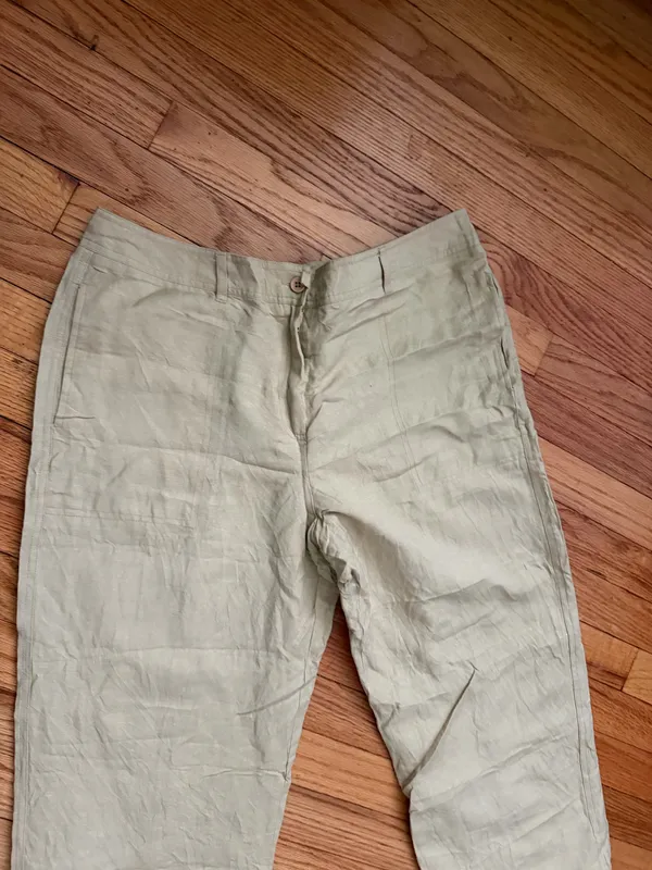 Larry Levine Linen Vintage High Waist Trousers 12 Light Tan Dress Pants Ankle Cropped Minimalist Coastal - Image 2