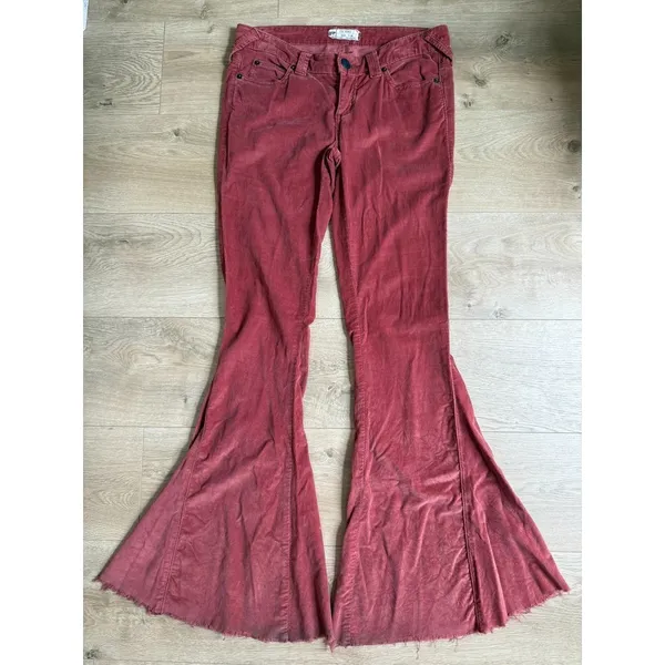 Free People Just Float On Corduroy Flare Jean fray hem wide leg Russet Acorn 26 - Image 2