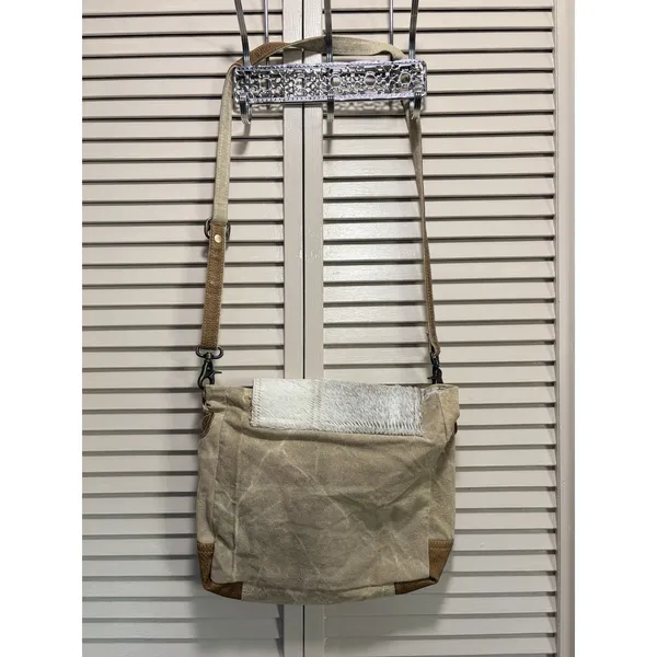Myra Hair On Cowhide Leather Canvas Paisley Shoulder‎ Bag Boho Gray/Tan - Image 12