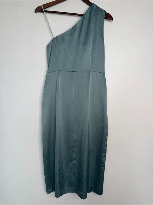 Kay Unger Sage Green One Shoulder Draped Satin Midi Cocktail Dress 6 NWT - Image 5