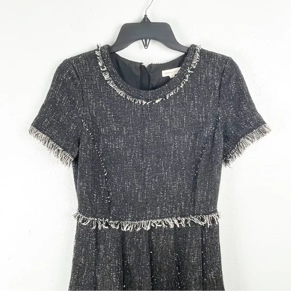 REBECCA TAYLOR Tweed Fringe Trim Short Sleeves Hidden Back Zipper Lined Dress 2 - Image 9