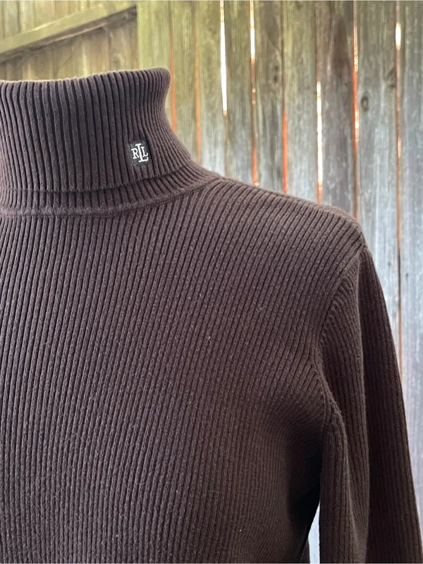 Lauren Ralph Lauren Ribbed Brown Turtleneck Sweater XL minimalist fall classic - Image 2