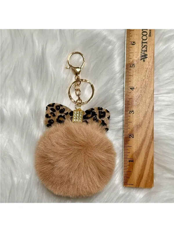 Leopard Print Bow With Rhinestones Pom Pom Bag Charm Keychain Tan Gold New - Image 4